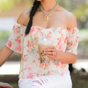 ZARA FLORAL OFF THE SHOULDER SHEER BLOUSE